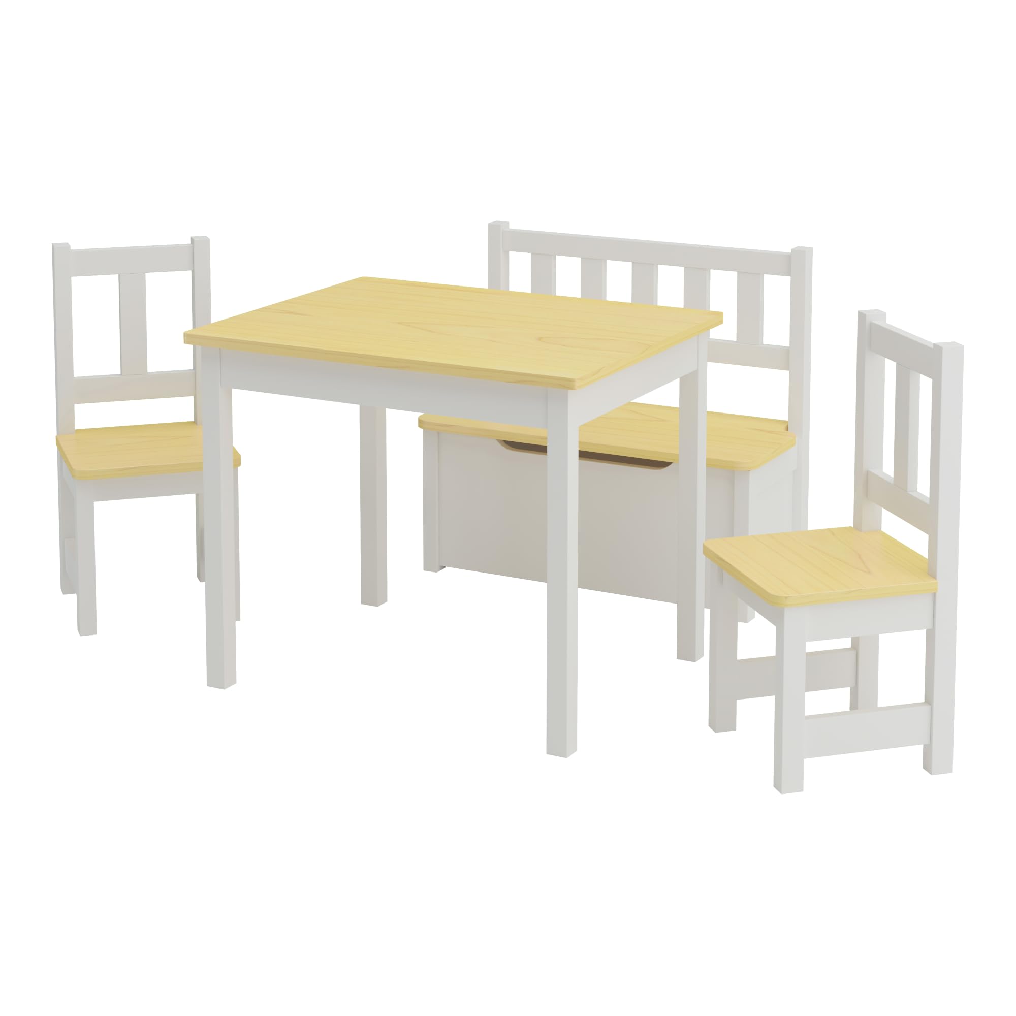 [en.casa] Kindertischset Lousame mit aufklappbarer Sitzbank und 2 Stühlen Kindertisch-Set Kindermöbel Sitzgruppe Kiefernholz Natur/Weiß