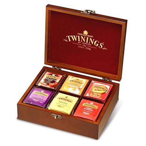 SCATOLA ESPOSITORE IN LEGNO 6 SCOMPARTI + PZ 60 BUSTINE TE' TISANE CAMOMILLE E INFUSI TWININGS