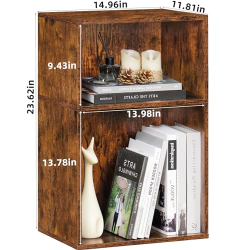 LEYAOYAO 2 Cube Bookshelf,Brown Record Player Stand Holds up to 100 Albums, Mini Wood Book Shelf Storage Organizer,Turntable Stand with Vinyl Storage Cabinet, Narrow Open Bookcase for Small Spaces