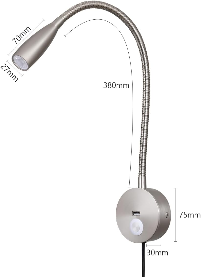 LED Bedside Touch Dimmable Wall Mounted Reading Light - Night Light With USB Flexible Gooseneck - Brushed Nickel
