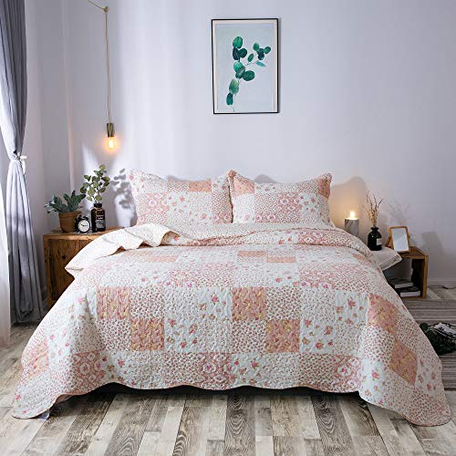 Kasentex Country-Chic Printed Pre-Washed Quilt Bedding Set - Microfiber Fabric Quilted Pattern Bedding (Multi-Pink, Queen + 2 Shams) #TOP1