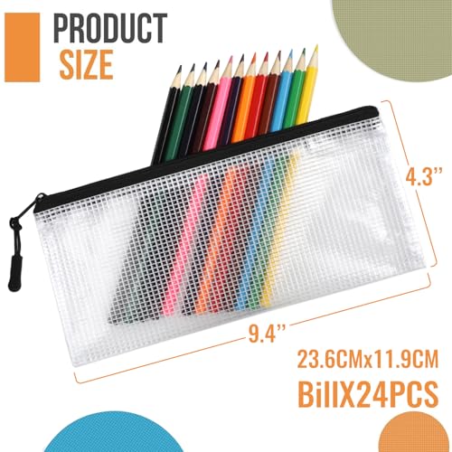 Image of 24pcs Mesh Zipper Pouch Bags 9.3 x 4.7 Inches, Black Small Clear Pouches Bulk, Travel Cosmetics Organization, Classroom and Office Supplies
