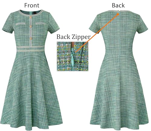 Image of VFSHOW Womens Buttons Pockets Office Business A-Line Dresses Short Sleeve Work Crew Neck Tweed Trim Fit and Flare Swing Dress