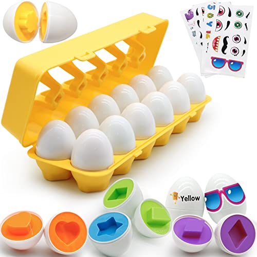 Image of MOONTOY Matching Eggs for Toddlers 2-4, 12PCS Preschool Educational Learning Color & Shape Sorter Sensory Montessori Toy Toddler Easter Eggs Basket Stuffers Gift for 18M+ Year Old Kid Baby Boy Girl