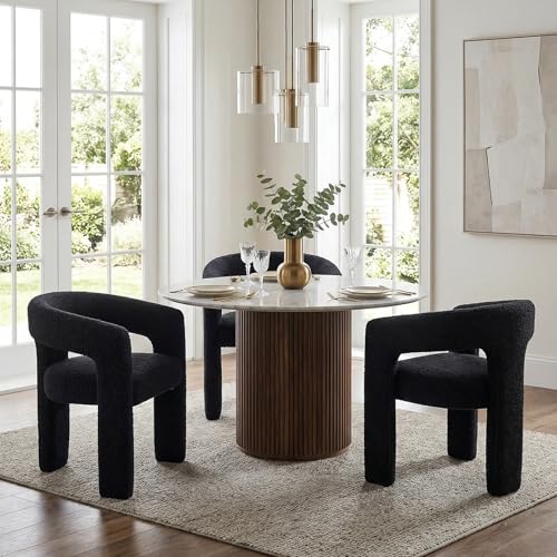 Image of HNY Modern Barrel Kitchen & Dining Room Chairs Set of 3, Sherpa Upholstered Accent Chairs with Arm, 18.5'' Wide Side Armchairs Vanity Chairs for Living Room Bedroom Makeup Small Spaces, Black