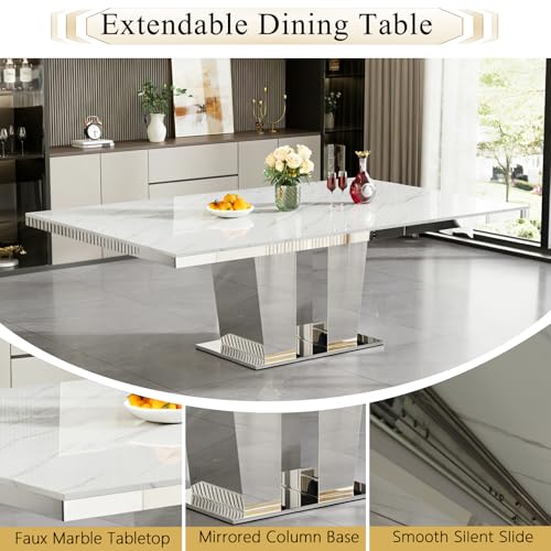 Image of 63-94.5 inch Large Extendable Dining Table for 6 8 10 Modern Faux Marble Kitchen Table Large Rectangular Expandable Conference Dinner Table with White Marble Top & Mirrored Double Columns Base
