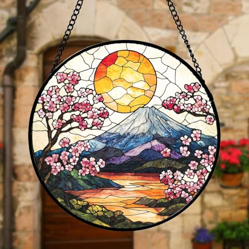 Image of DASTOLL Stained Glass Window Hanging, Sun Blooming Cherry Blossoms Suncatcher Diamond Glass Panel Sun Catchers Decor for Birthday for Women, Men, Wife, Aunt, and Mom 14.9x14.9 in