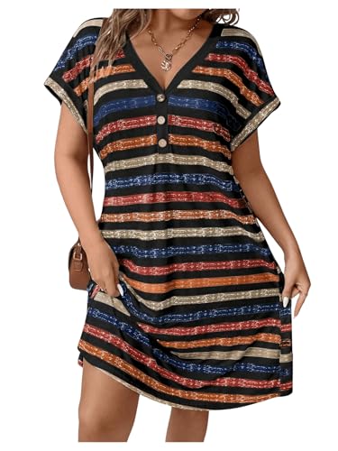 Image of SOLY HUX Women's Plus Size Summer Dresses Short Sleeve Striped Sundress V Neck Beach Vacation Short Dress