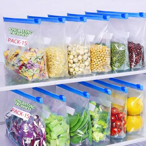 Image of Plastic Zip Lock Reusable Slider Zipper Transparent Bag For Food Storage,Fruit Vegetable Freeze Storage Pouch Bags, Ziplock Bags Best For Fridge Storage 9 x 10 inch (15, Blue)