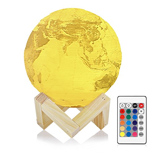 InLife Lámpara 3D Mapa Recargable 3D Tierra Material PLA 16 Colores Seleccionables Funciona con Control Remoto/Interruptor Táctil Lámpara de Mesa Luz Ambiental con Cargador USB