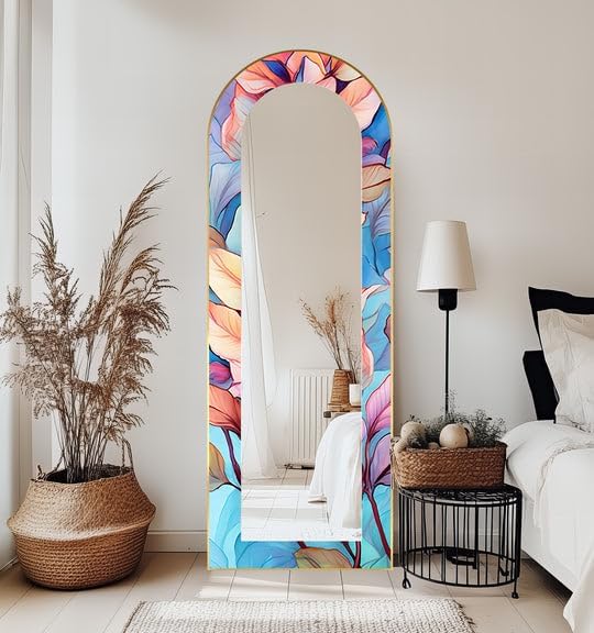 23,5’’W x 67’’H Color Bloom Aura – Floral Floor Mirror Arched Full Lenght Mirror - Arch Full Body Stained Floor Mirror with Black Frame with Black Frame