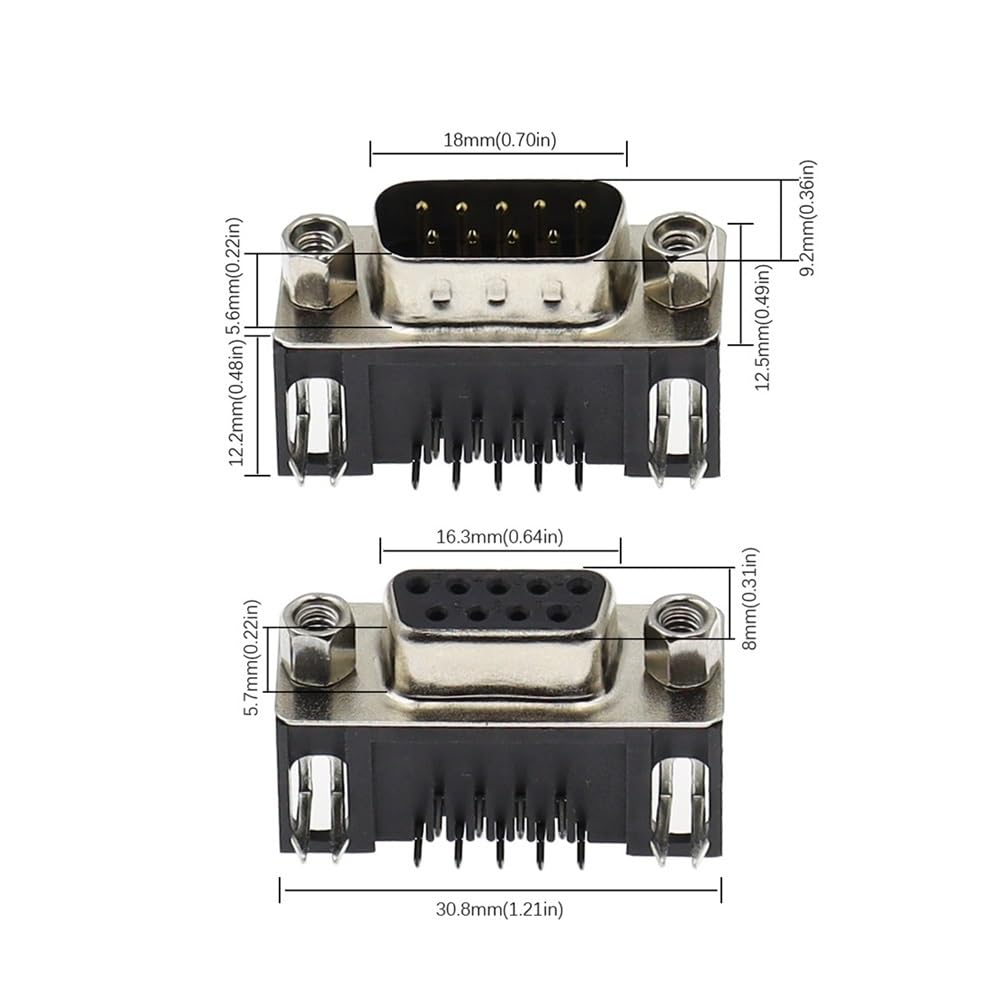 TSIOHKBS 100PCS DB9 Female Male PCB D-Sub 9Pin PCB Connector RS232 Connector 90-Degree Bent Needle DR9 (100pcs Male)