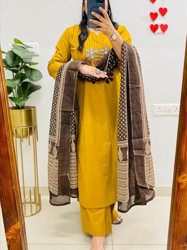 Image of BHARVITA Women's Cotton Embroidered Anarkali Kurta and Palazzo with Dupatta Set | A-line fit