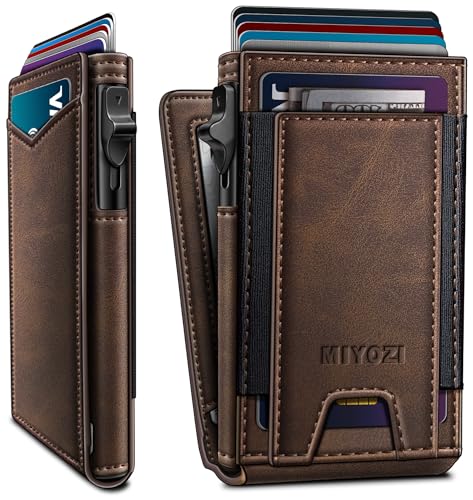 miyozi Wallet for Men Slim Pop Up Card Holder - RFID Blocking Minimalist Bifold Wallet with ID Window Holds 9-11 Cards & Stretchable Strap Metal Flip Case with Magnetic Closure Gift Box