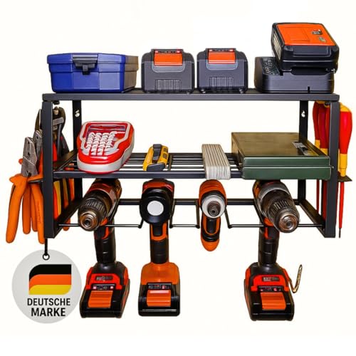 TollTool 3-stöckige Werkzeug-Wandhalterung – Wandregal zur Aufbewahrung von bis zu 4 Elektrowerkzeugen – Werkzeugspeicher für Garage, Werkstatt, Keller – robuster Werkzeug-Organizer aus Metall