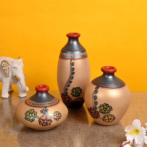 Image of Aakriti Art Creations Earthen Madhubani Terracotta Vases Set of 3 | Handmade Shimmer Gold Floral Art Decorative Flower Vases Matte Finish Decorative Vases for Home Decor & Gifting