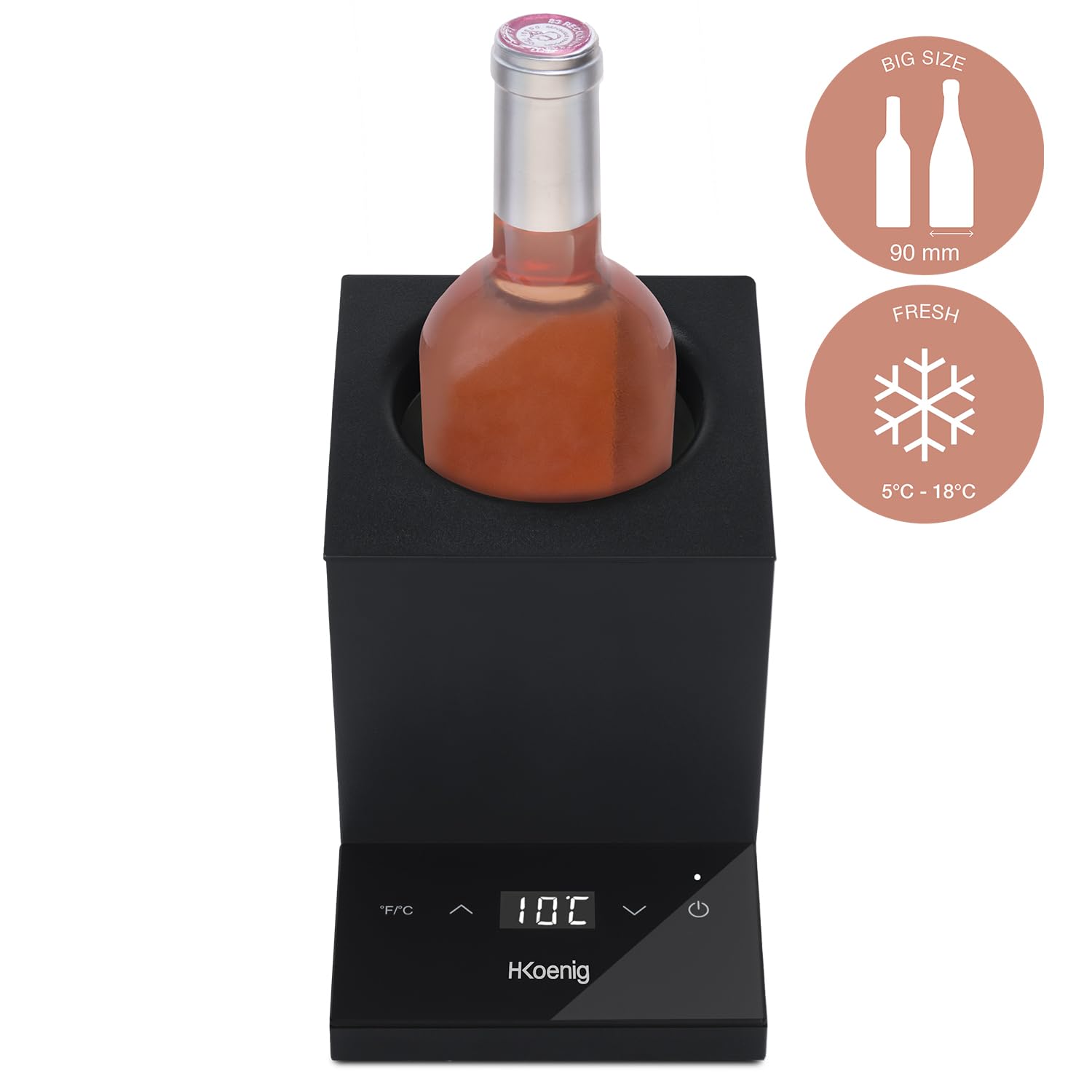 H.Koenig Rafraichisseur à vin LVX26, Vin blanc, Vin rouge, Rosé, Champagne, Jusqu'à 9cm de diamètre, Température réglable de 5° à 18° celsius, Contrôle digital, Puissance : 72 W