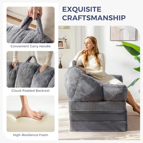 Image of MAXYOYO Folding Sofa Bed, 2 in 1 Convertible Sofa to Lounger Comfy Loveseat Bean Bag Chair for Adults, Floor Couch with Handle, Faux Fur Couch Bed for Living Room Bedroom, Grey, Loveseat