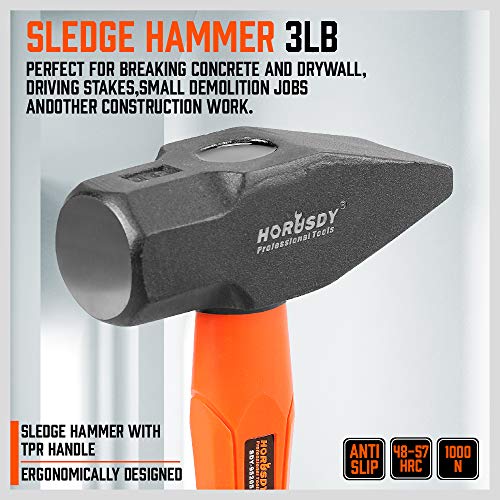 HORUSDY 5-Piece Hammer Set, 16oz and 32oz Ball Pein Hammers, 32oz Rubber Mallet, 3lb Sledge, 3lb Cross Peen Hammer - Image 8