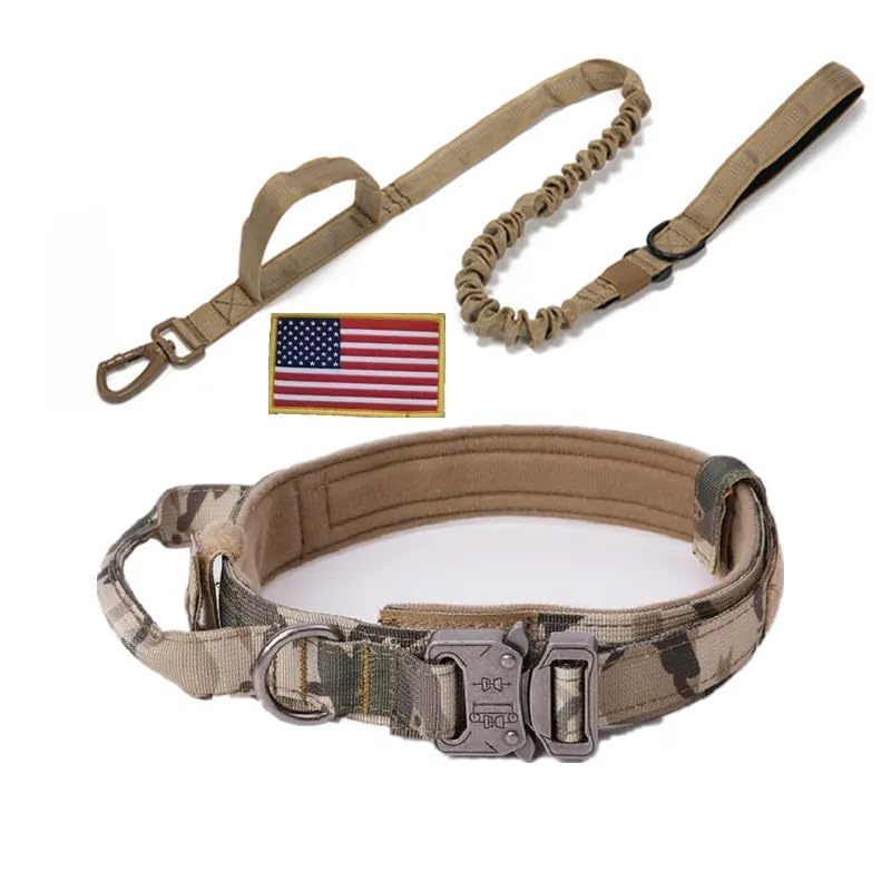 Taktisches Hundehalsband & Bungee-Leine Set – Mit USA-Flagge, Airtag-Hülle, Größe L, Schwarz