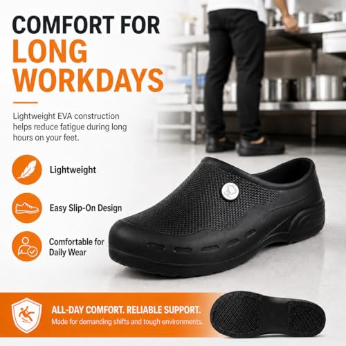 Image of Chef Shoes for Men & Women, Non Slip Waterproof Kitchen Clogs, Oil Resistant Slip On Work Shoes, Lightweight Closed Toe Nursing Shoes for Restaurant, Healthcare, Garden, Cleaning