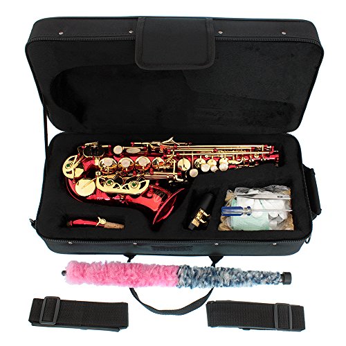 Lazarro Red-Gold Keys Bb B-Flat Curved Soprano Saxophone Sax Lazarro+11 Reeds,Care Kit~24 Colors Available-320-Rd #TOP6