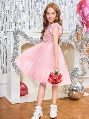 Girls Sequin Tutu Dress Kids Sparkly Flutter Sleeve Party Tulle Dresses 5-14 Years4