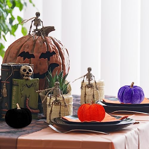 Image of Winlyn 12 Pcs Assorted Small Faux Halloween Velvet Pumpkins Decorative Orange Purple Black Fabric Foam Pumpkins 3 inch for Fall Wedding Halloween Table Centerpiece Mantel Bowl Decor
