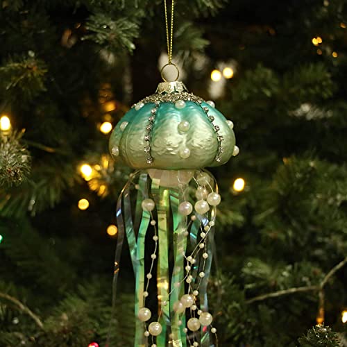 Avvikro 4 Pieces 13" Christmas Tree Hanging Ornaments Plastic Jellyfish Rhinestone Pearls Beaded Streamers Coastal Pendants Xmas Party Decoration Mini Christmas Tree Ornaments #TOP3