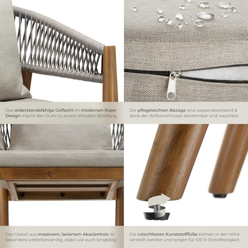 tectake® Gartenmöbel Set, Gartenstuhl Holz Rope Design, Balkon Sessel, Outdoor Möbel, Gartenstühle, Balkonmöbel, Terrassenmöbel… – Ansicht 5