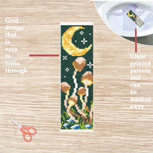 Image of FREEBLOSS 6 Set Cross Stitch Bookmark Kit Stamped Cross Stitch Kit Mushroom Bush Embroidery Set with Instruction for Adults 8''*2.4''