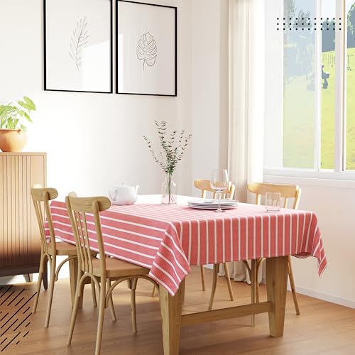 Image of Encasa XO Cotton Rectangular Table Cloth for 6 to 8 Seater | (140x230 cm) | Roma Red Stripes | Dining Tablecloth for Decoration