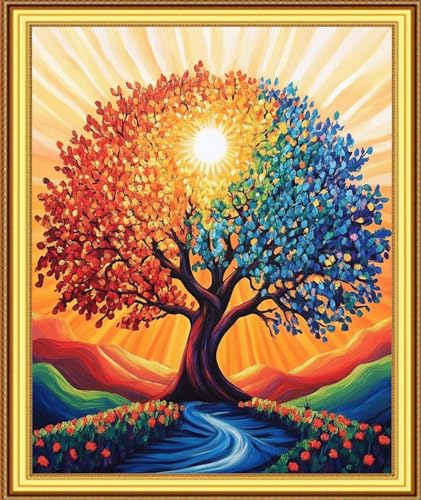 Image of Foxnyart Stamped Cross Stitch Kits Full Range of Embroidery Needlework Starter Kits for Beginners Adults 11CT Embroidery Patterns Art Crafts DIY Needlepoint Kit-Magic Rainbow Tree 16x20 inchs