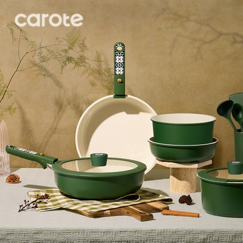 Image of CAROTE 19Pcs Ceramic Cookware Set, Pots and Pans Set Non stick, Non Toxic Cookware Detachable Handle, Kitchen Cooking Set - Induction Cookware, Dishwasher /Oven Safe, PFAS Free, Green