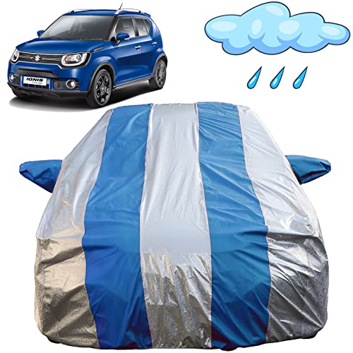 Image of Autofact Waterproof Car Body Cover Compatible with Maruti Ignis (2012 to 2020) with Mirror Pockets (Blue Stripes with Shinning Silver Fabric /Waterproof Cover)