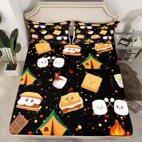 Cute Marshmallow Fitted Sheet Twin Size Kids Cute S'Mores Cookie Bedding Set for Boys Teens Happy Camping Bed Sheet Set Outdoor Adventure Bed Cover Room Decor