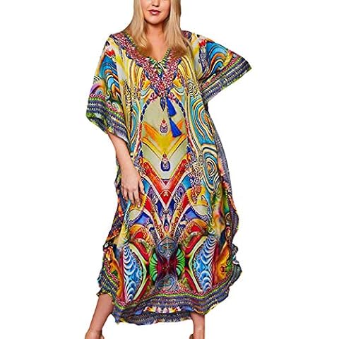 YouKD Women's Summer Kaftan Maxi Bohemian Dress Beach Bikini Coverup Robe Long Kimono One Size Rainbow Cover