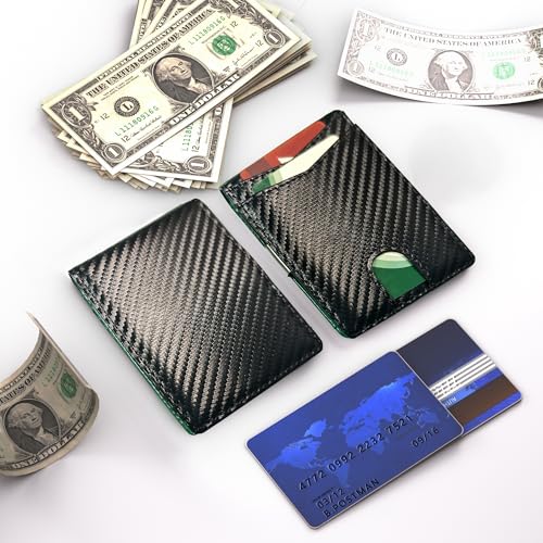 PA-M Wallet for Men with Money Clip RFID Blocking Slim Leather Mens Wallet -Minimalist Bifold Credit Card Holder,Holds 12 Cards,Front Pocket Design-Gift Box. (Carbon Fiber Black + Green)4