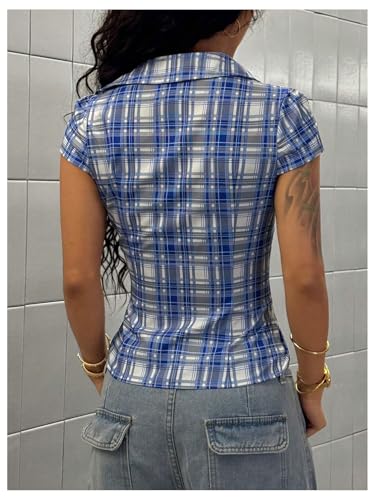 Milumia Women's Y2k Plaid Collar V Neck Button Down Shirt Short Sleeve Fitted Tops3