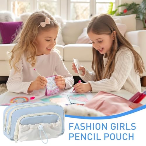 Image of Kawaii Cute Aesthetic Pencil Case for Students | Large Capacity Multi-Pocket Pencil Pouch with Zipper | Cartoon Stationery Organizer Bag for School, College & Office Supplies (Dori - Blue)