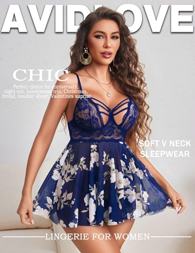 Image of Avidlove Women Lingerie Lace Babydoll Sexy Chemise Nightwear Teddy V Neck Sleepwear Boudoir Outfits