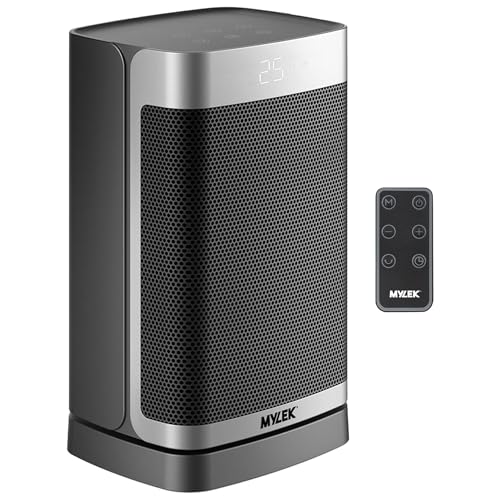 Mylek Electric Fan Heater 1500W, Ceramic Portable Silent Space Energy Efficient Heaters Upright, Cool Mode, Home, Bedroom, Office, Remote Control, Digital, Safety Tip Over (1.5KW Silver and Black)