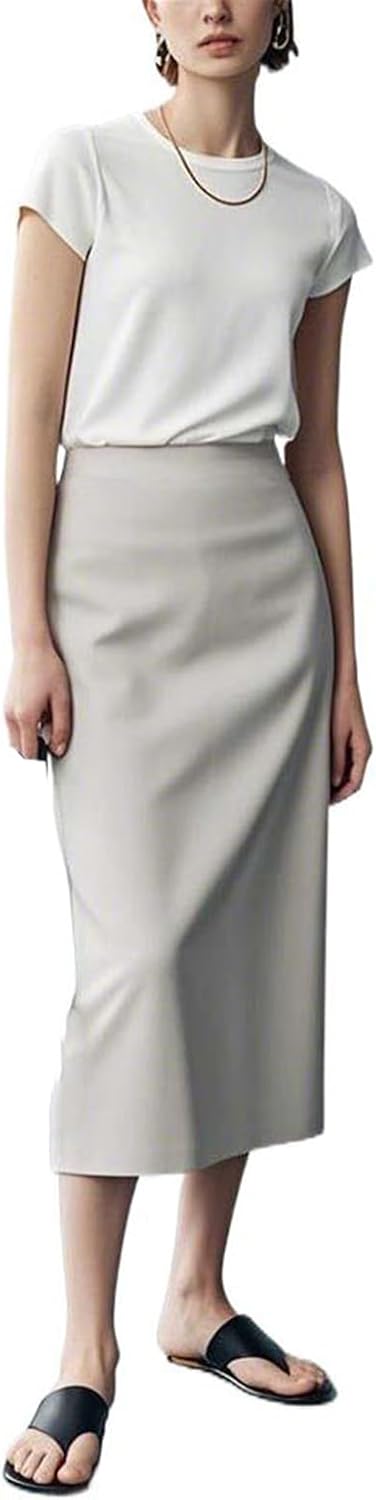Women’s Hong Kong Straight Tailored Midi Skirt, High-Waisted Summer Cotton
