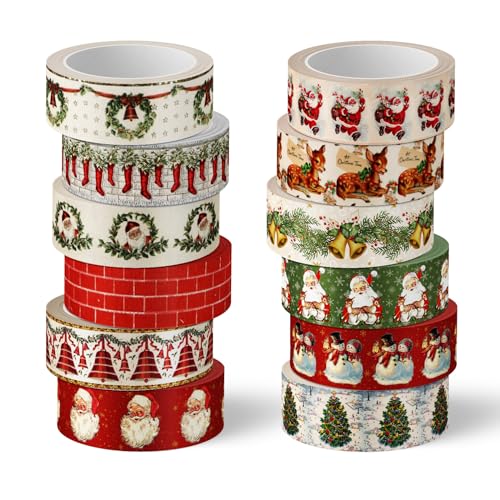 Whaline 12 Rolls Christmas Vintage Washi Tape Santa Claus Snowman Xmas Tree Bell Washi Tape Masking Decorative Party Gift Paper Tape for DIY Craft Scrapbook Decor Party Favor Supplies