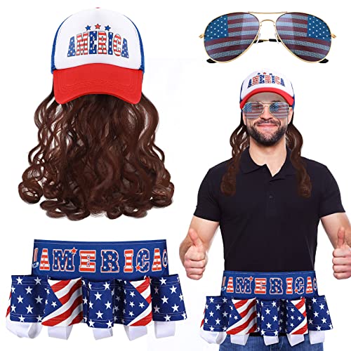 Mepase 3 Pcs 4th of July Accessories Mullet Wigs for Men Patriotic Beverage Belt American Flag Sunglasses Mullet Hat Brown Wig Classic Independence Day Party Costume for Men Women