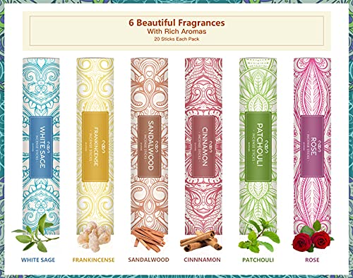Incense, Scented Incense Sticks Gift Set With Holder, 120 Sticks, Rose, Cinnamon, Patchouli, Sandalwood, White Sage, Frankincense #TOP1