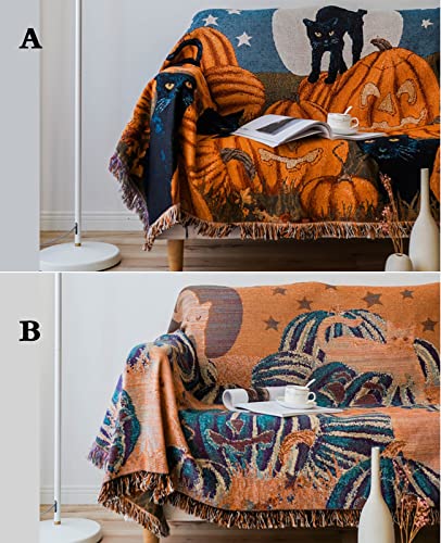Cueerbot Throw Blanket For Couch，Indie Room Decor Black Cat And Halloween Pumpkin Cotton Blanket (Orange, Large 63X87 Inches) #TOP6