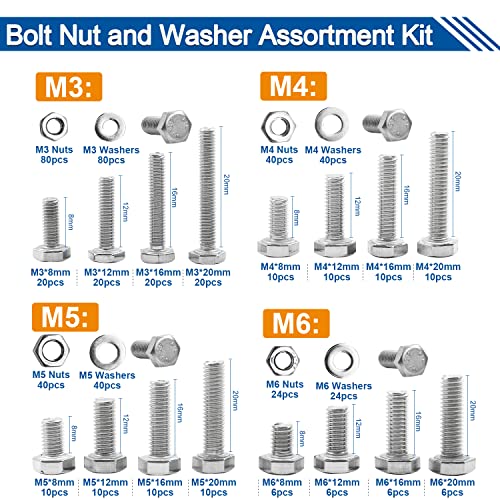 NINDEJIN 552PCS M3 M4 M5 M6 Hex Head Bolts and Nuts Set, 304 Stainless Steel External Hexagonal Screws Set and Washers - Image 3