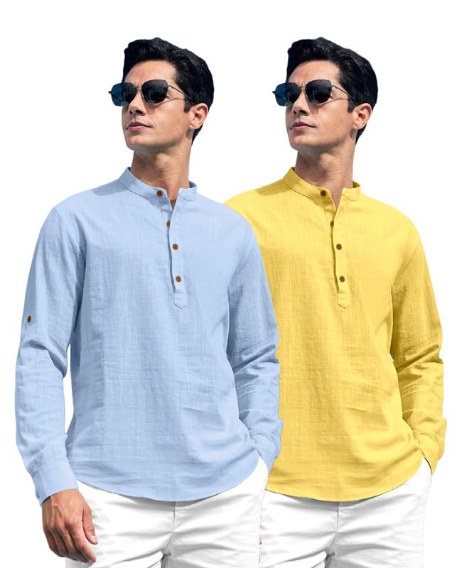 Image of ROYALSCOUT Combo of Men's Solid Cotton Blend Full Sleeve Straight Kurta Shirt (Pack of 2)