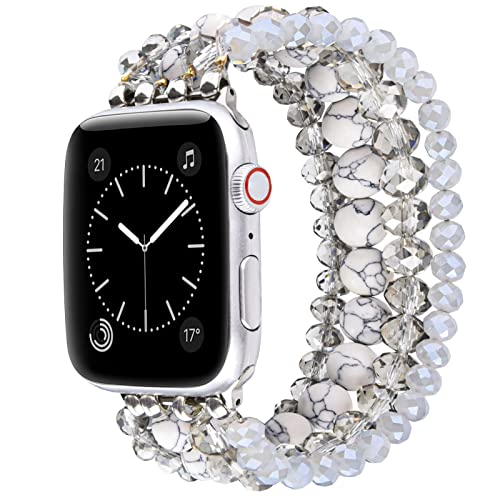 Glitter Beaded Bracelet Compatible with Apple Watch Band 38mm 40mm 41mm Series 8 SE/7/6/5/4/3/2/1, CAGOS Cute Bling iPhone iWatch Bands Straps for Women Girls (White/Grey)